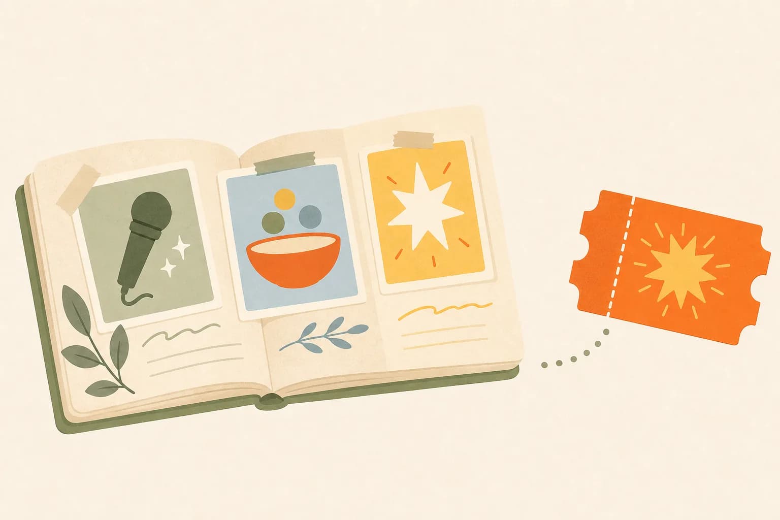 Flat editorial illustration of an open event recap booklet with simple memory tiles leading toward a future-event ticket.