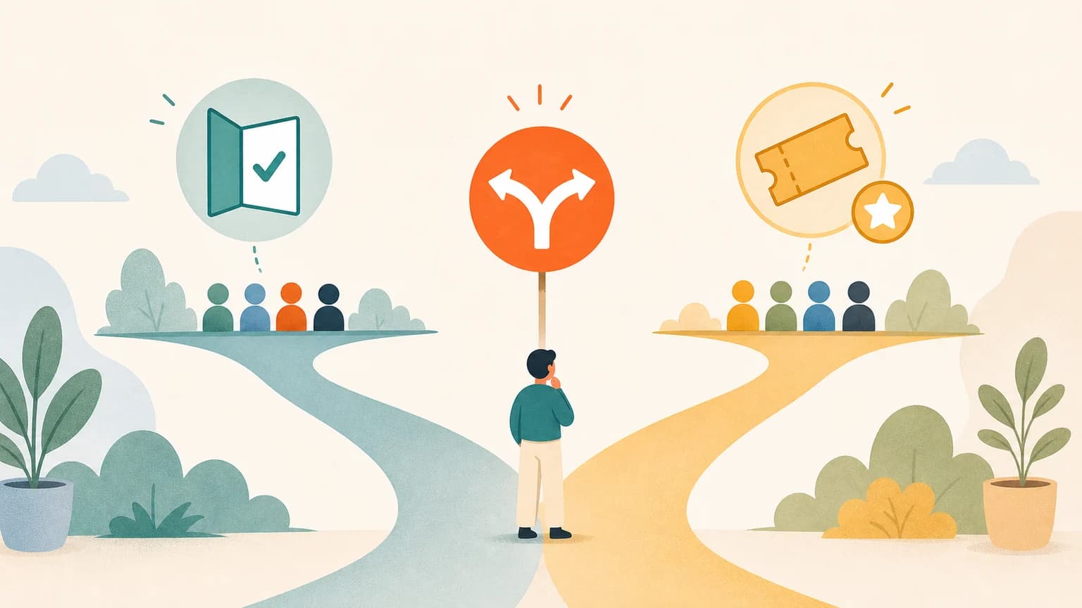 Editorial illustration of a decision fork between free RSVP and paid ticket paths.