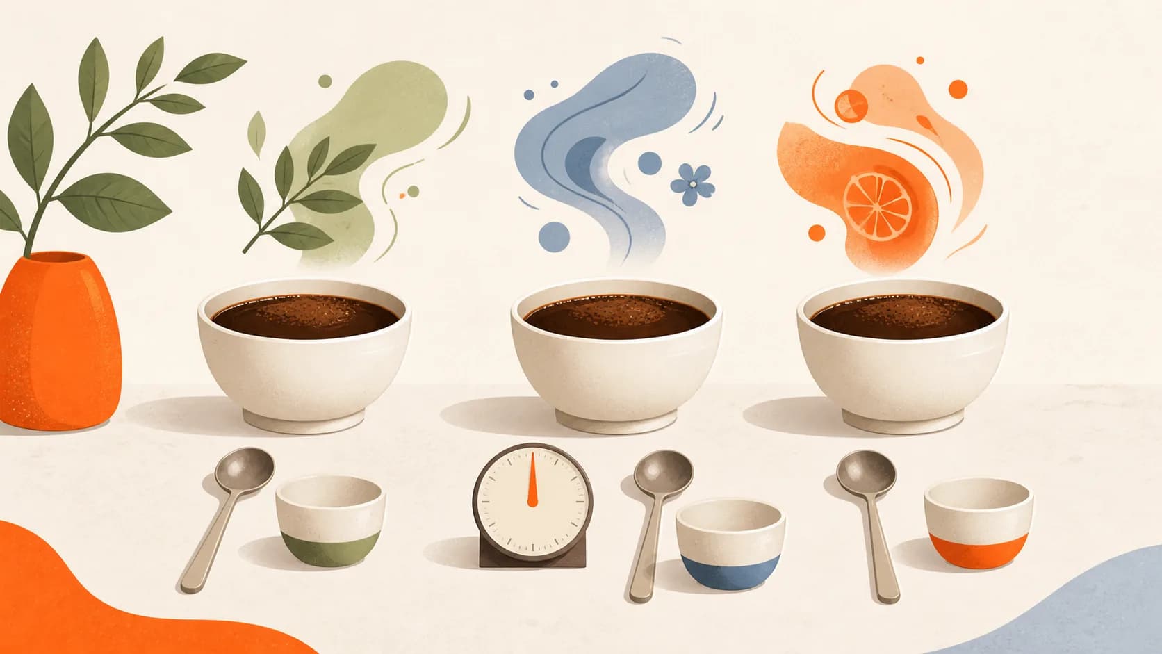 Flat editorial illustration of three coffee cupping bowls, a timer, tasting spoons, and separate personal tasting cups.