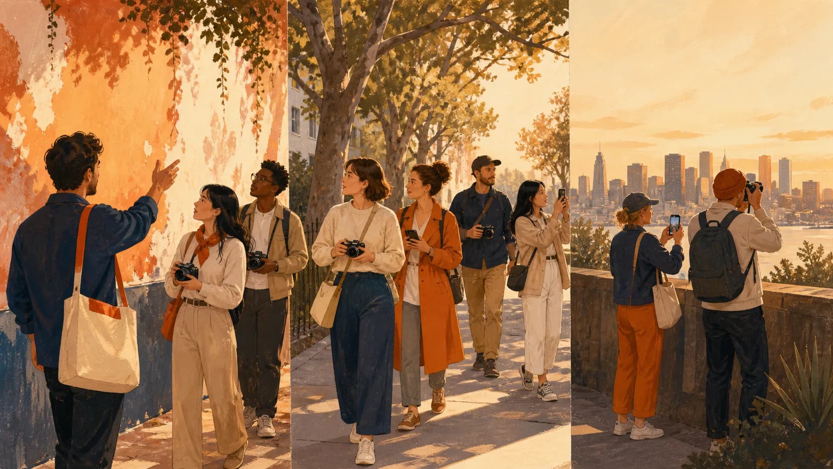 Editorial illustration of a mixed-device photography walk moving through three urban shooting zones at golden hour.