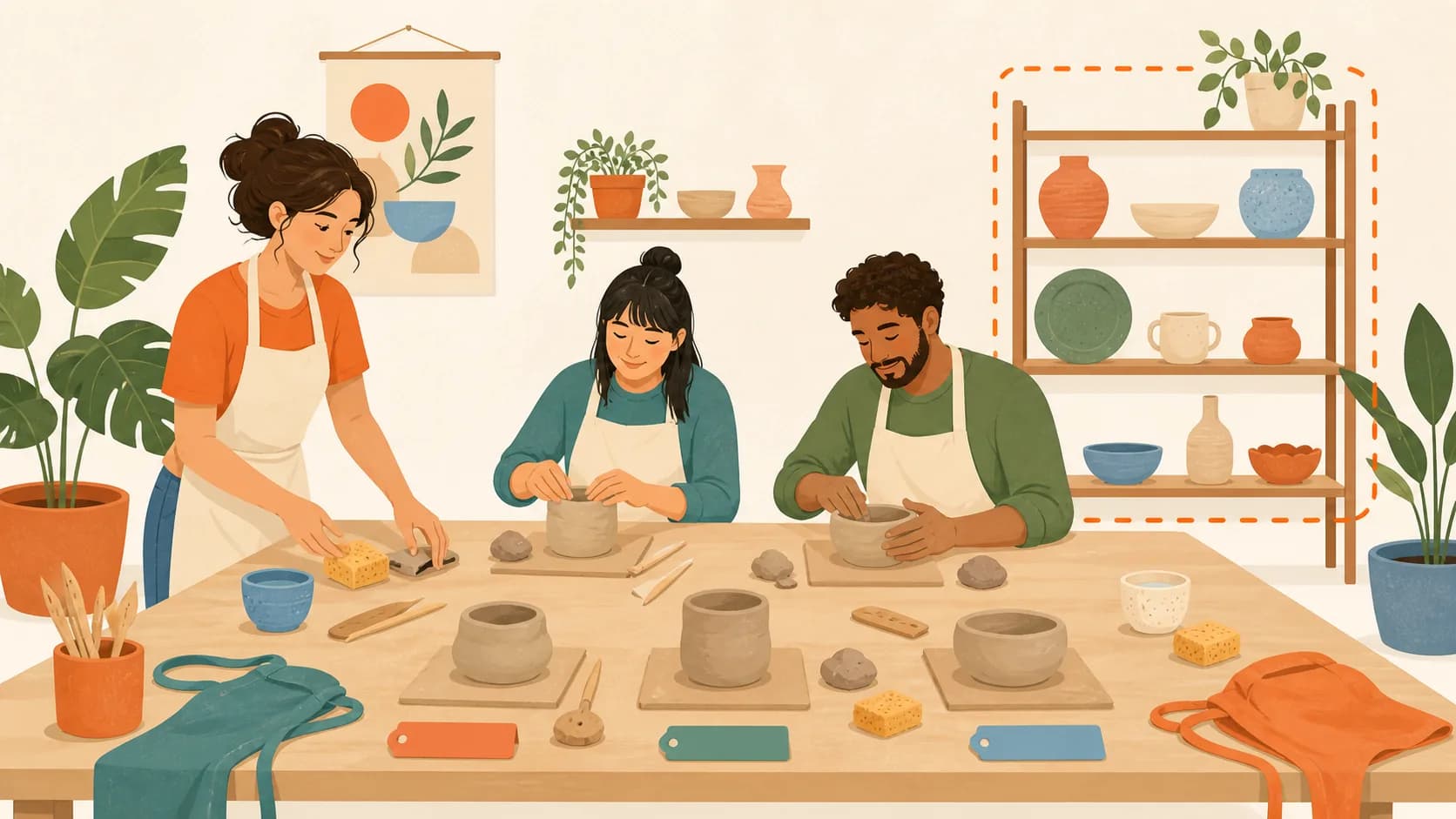 Flat editorial illustration of a host preparing a beginner pottery table while two guests shape clay and finished pieces wait on a pickup shelf.