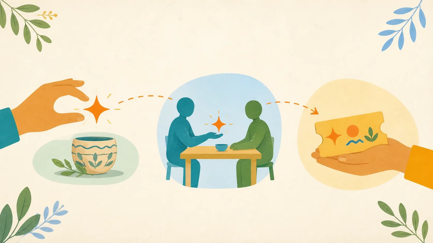 Flat editorial illustration of a skill moving through a practice workshop into a ticketed event.