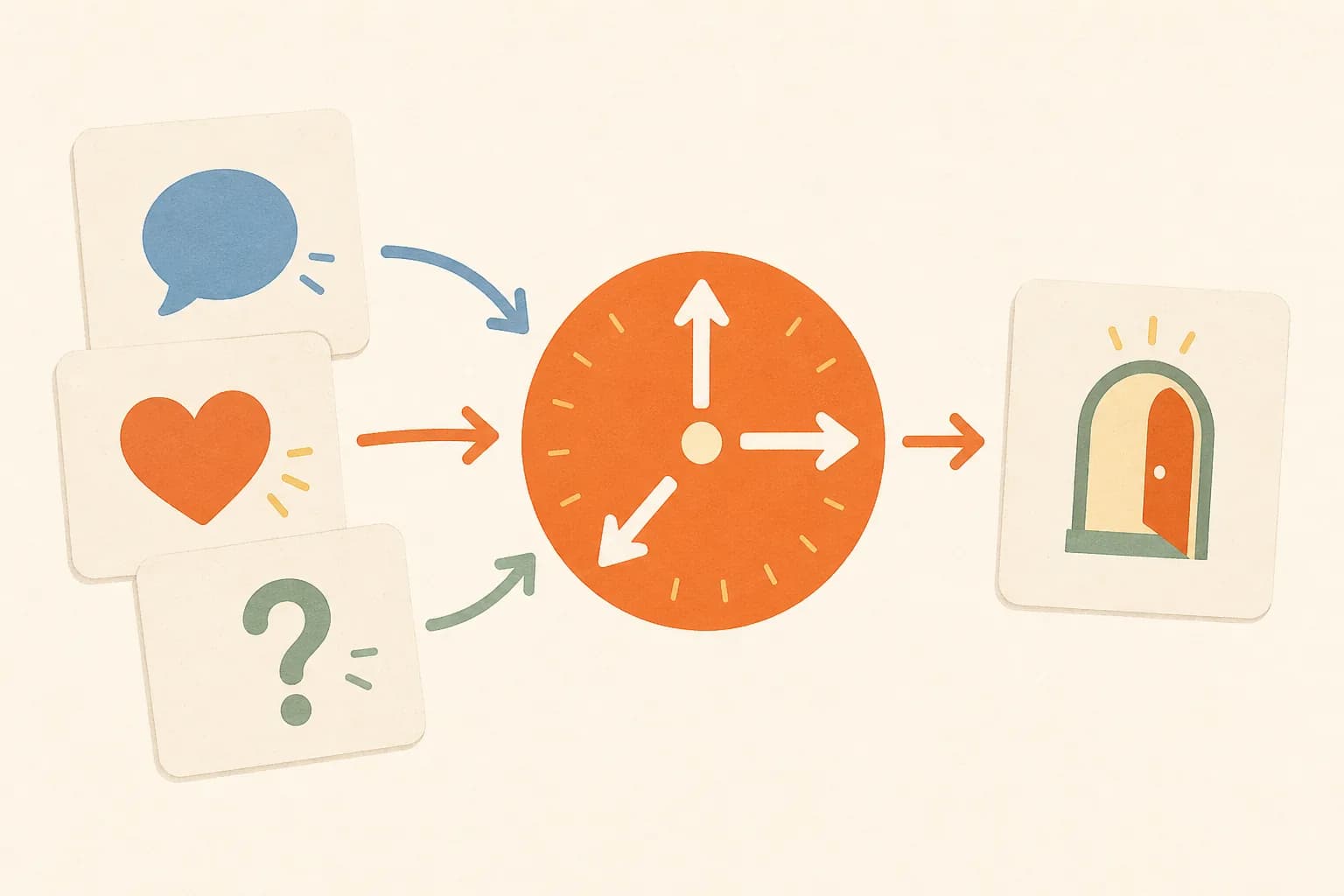 Flat editorial illustration of feedback cards flowing through a decision dial toward a fresh next-event card.