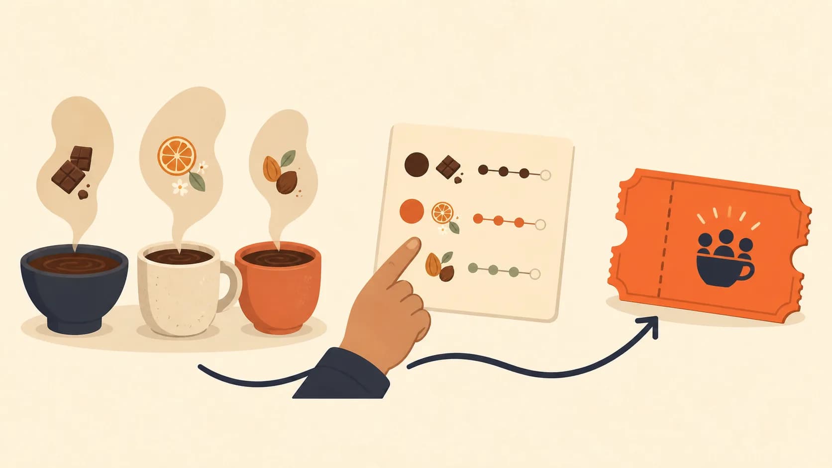 Warm editorial illustration of a coffee host guiding a small seated group through three tasting cups with notes, water, and a visible comparison flow.
