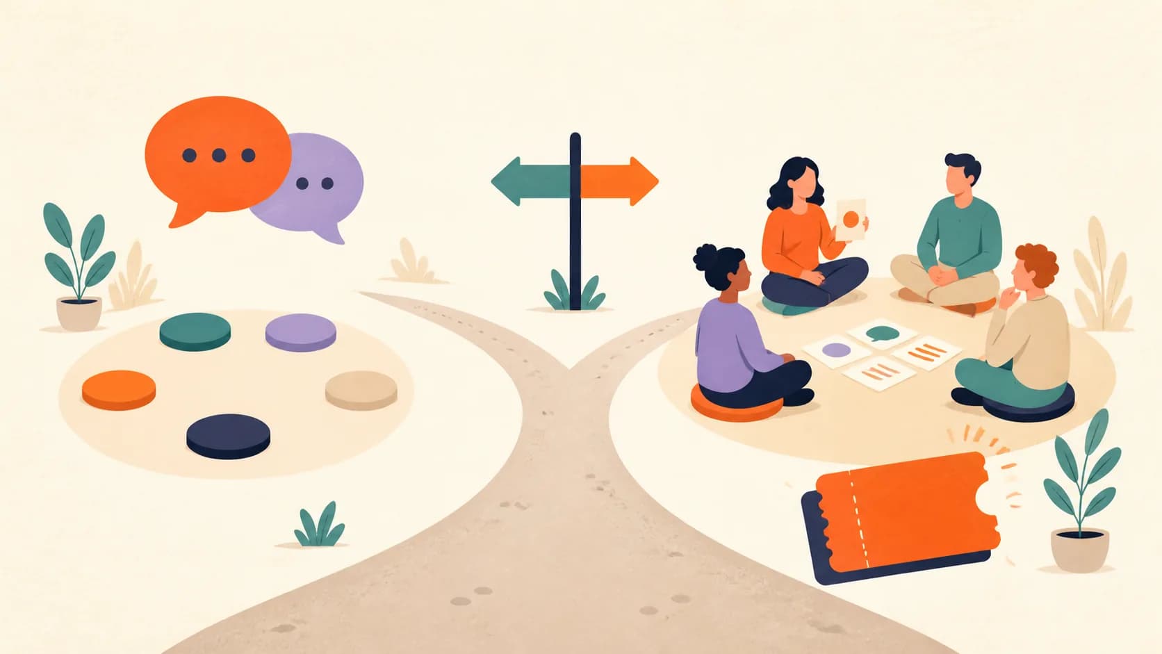 Warm editorial illustration of a small language-practice group using level-matched prompt cards, timed turns, and guided feedback.