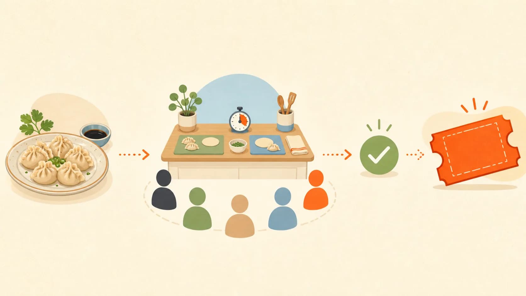 Warm editorial illustration of a cooking host demonstrating one technique to a small group at clearly separated kitchen stations.