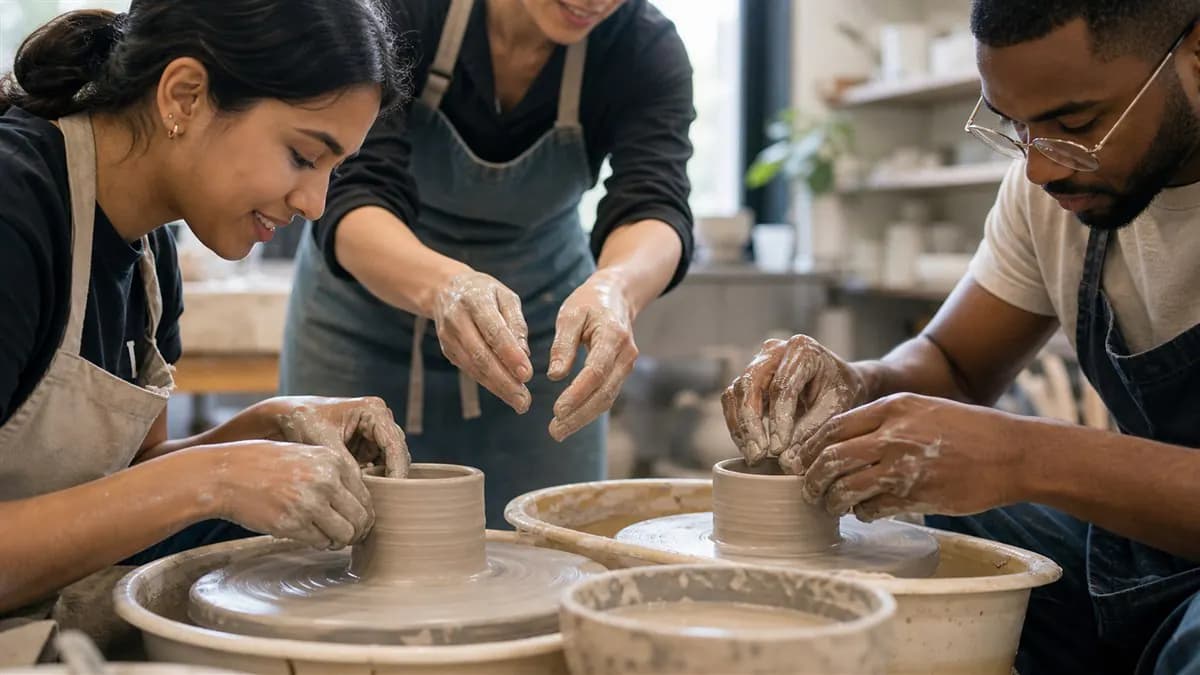 People learning pottery together in a workshop.