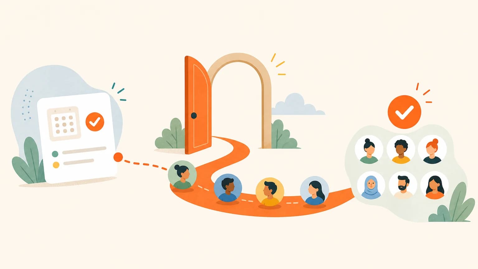 Editorial illustration of attendee dots passing through an open RSVP gate.