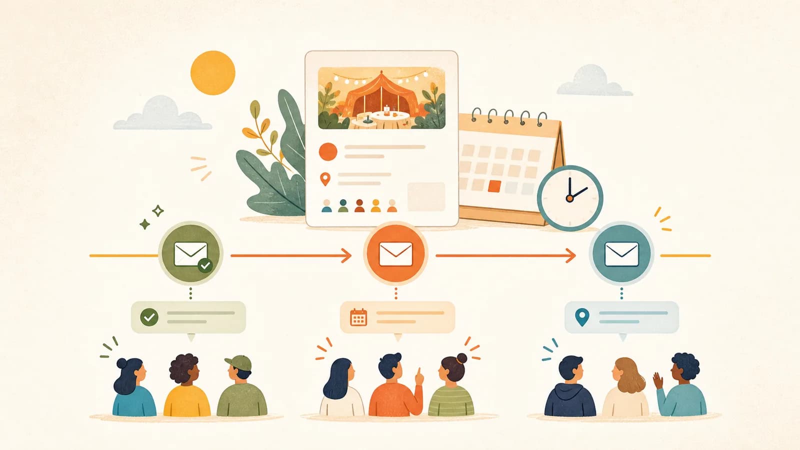 Editorial illustration of a calm event reminder timeline with calendar, clock, and message icons.