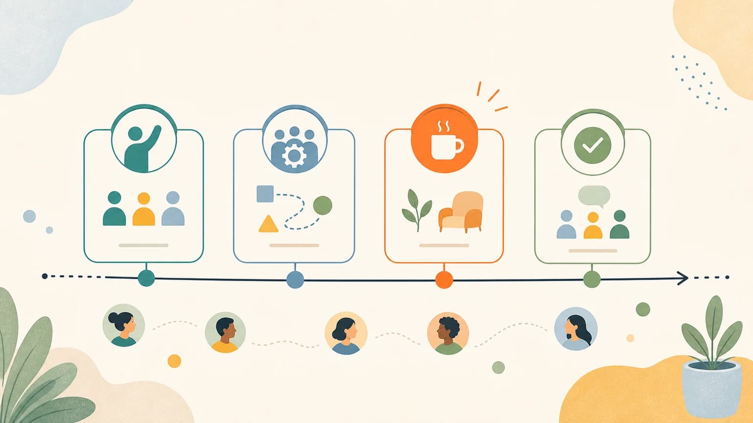 Editorial illustration of a clear event agenda timeline with four moments.