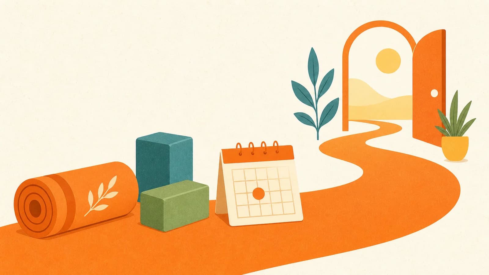 Flat editorial illustration of a yoga mat, block props, calendar card, and calm entry path.