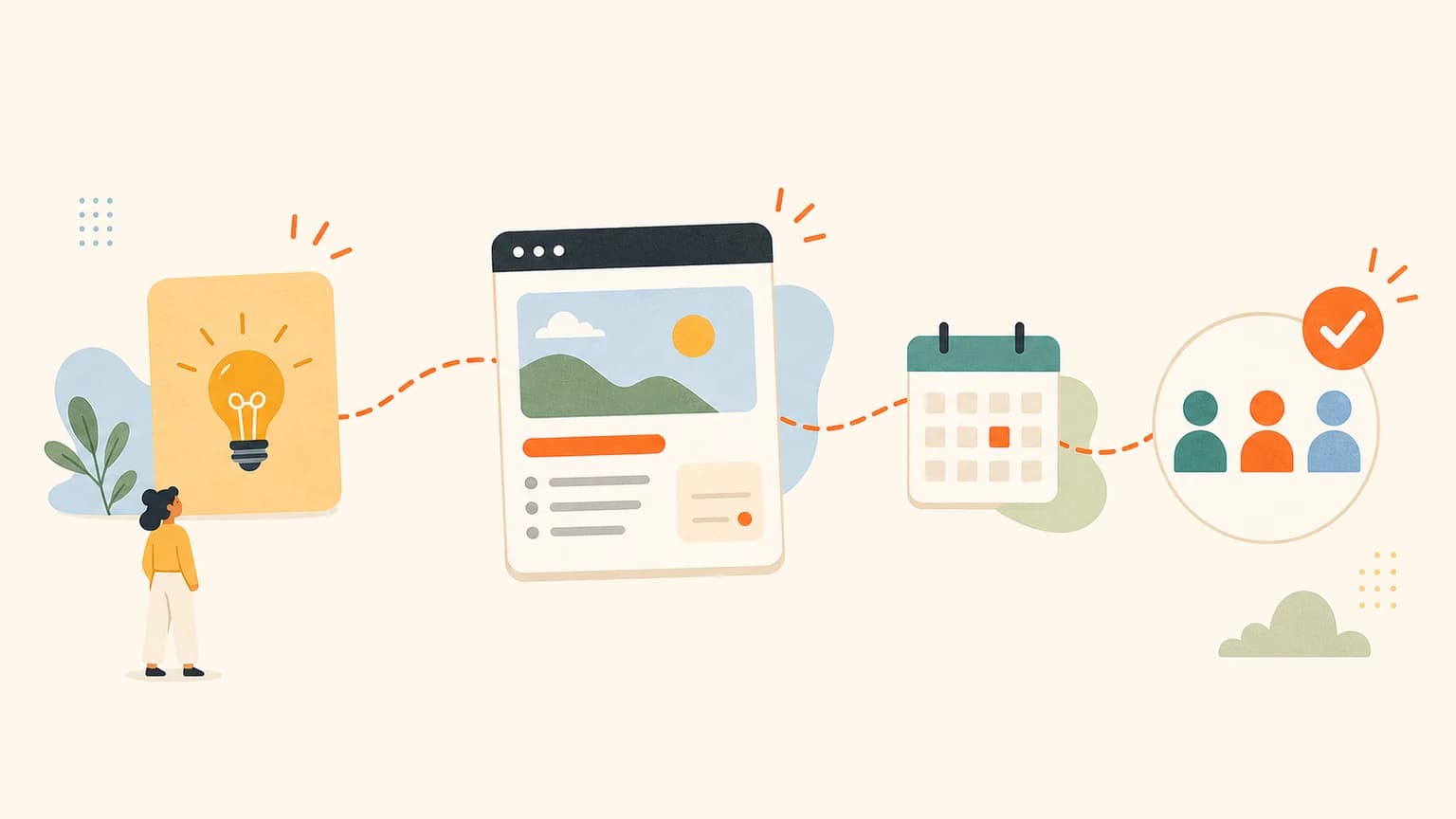 Editorial illustration of an idea card becoming an event page and RSVP dots.