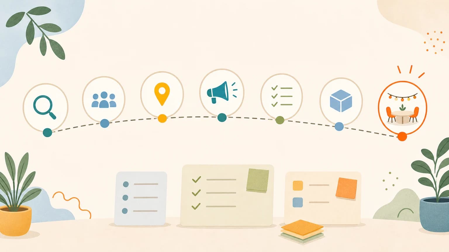 Editorial illustration of a seven-milestone planning path for a small event.
