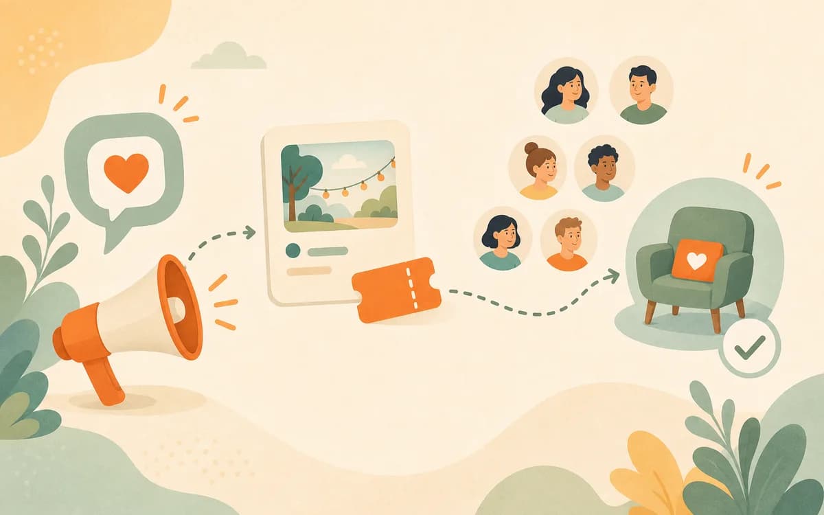 Editorial illustration of a gentle invitation path from an event message to ticket reservations.