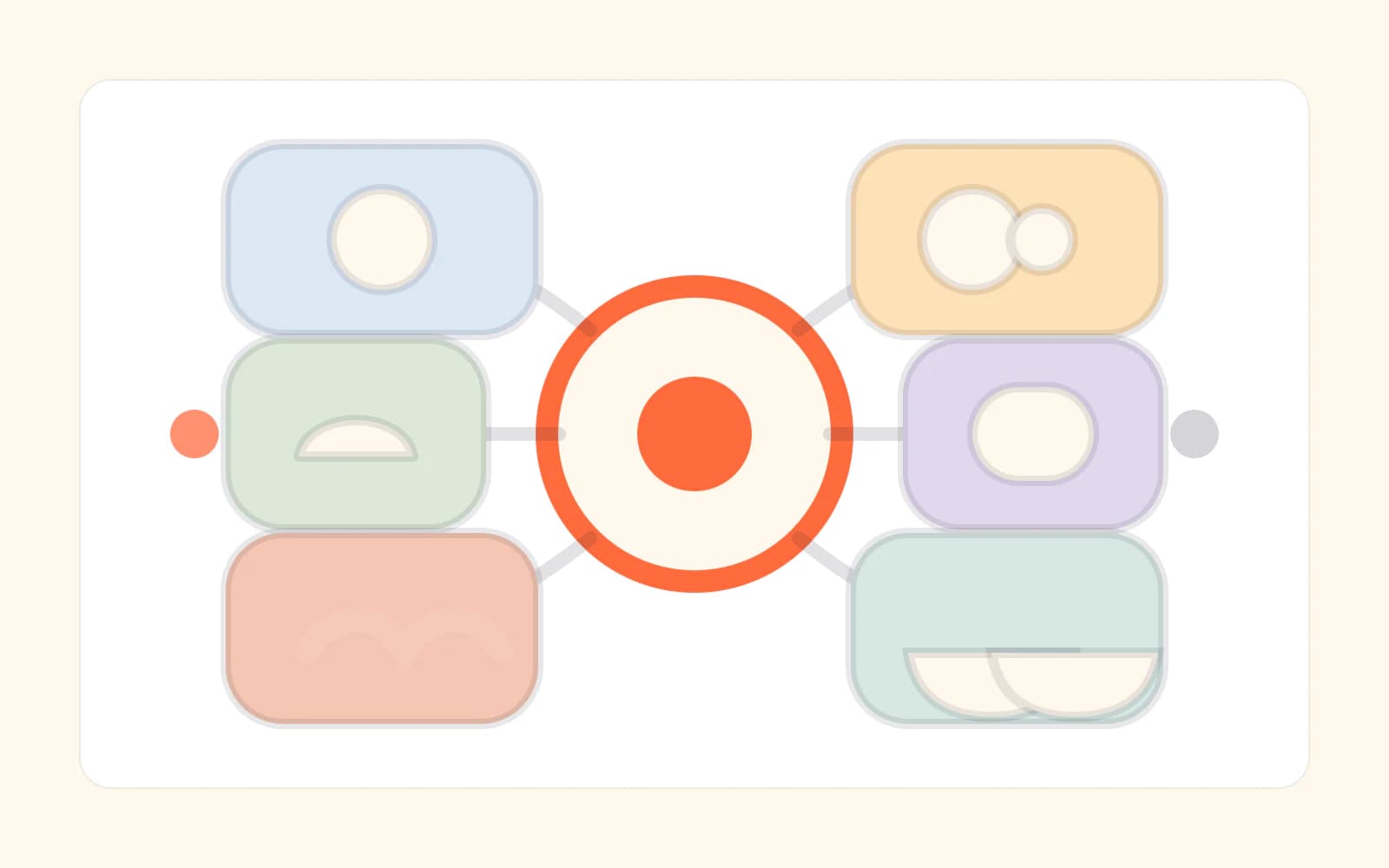 Abstract editorial diagram showing six distinct pottery workshop paths around one shared center.