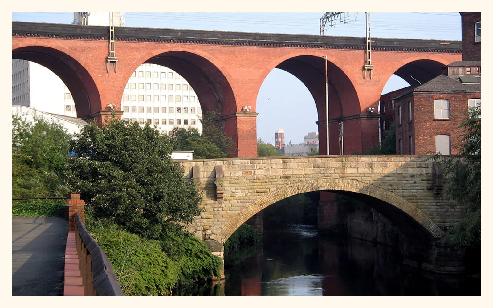 Stockport Viaduct's red brick arches spanning a green valley beneath a blue sky.