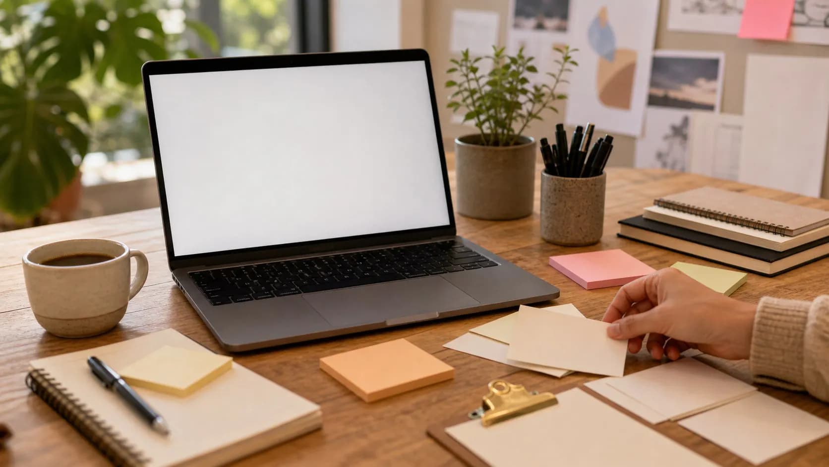 A focused product work session with notes and laptops.