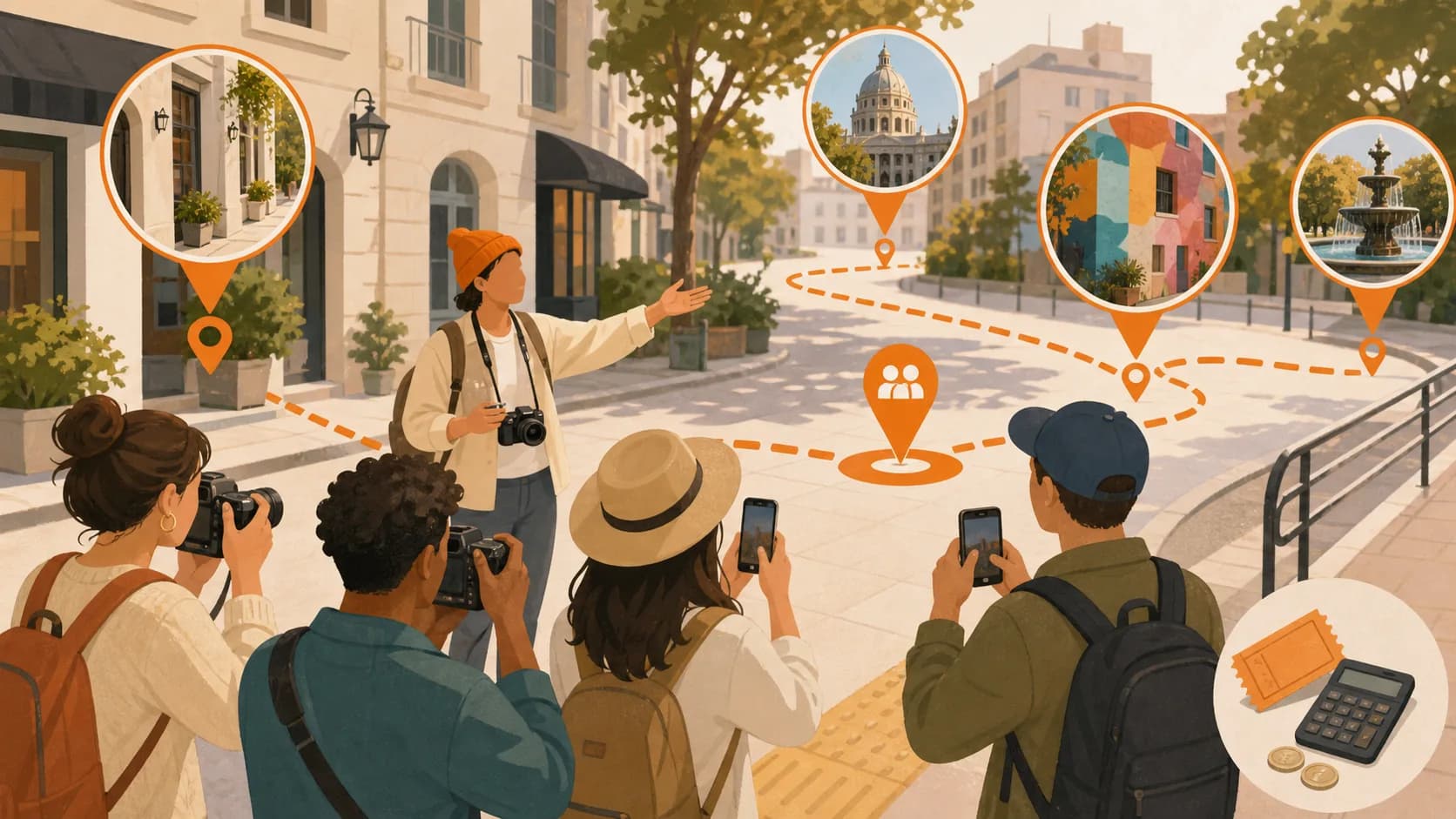 Warm editorial illustration of a host guiding a small mixed phone-and-camera group along a city photo-walk route with practice stops and a ticket-cost cue.