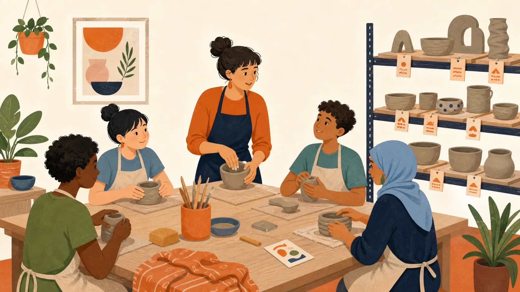 Flat editorial illustration of a maker guiding a small handbuilding workshop with clay pieces moving to a separate firing shelf.