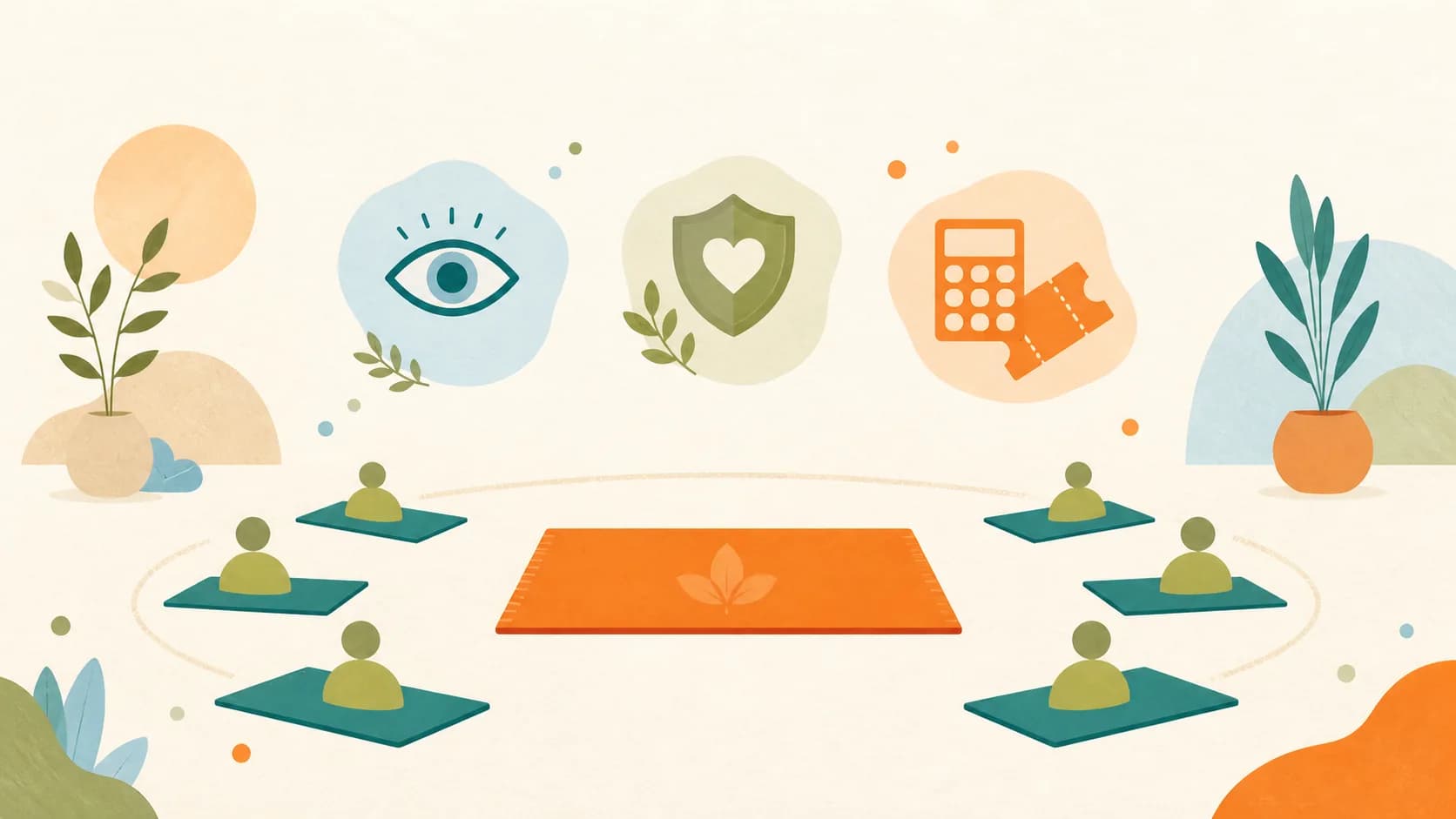 Flat editorial illustration of six yoga guest markers around a bounded teaching mat with observation, consent, and ticket-planning symbols.