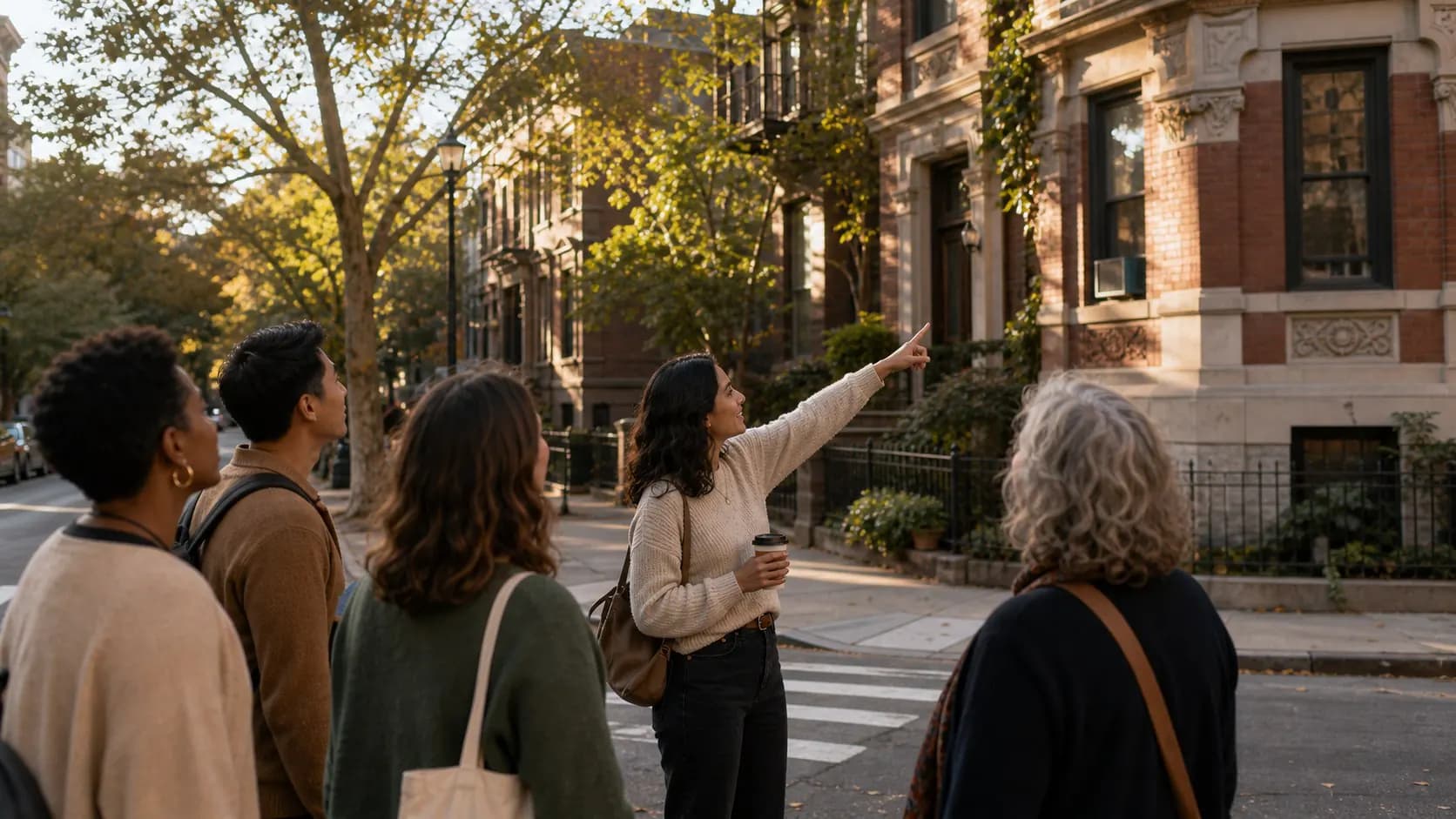 A small group exploring a city street with a host.